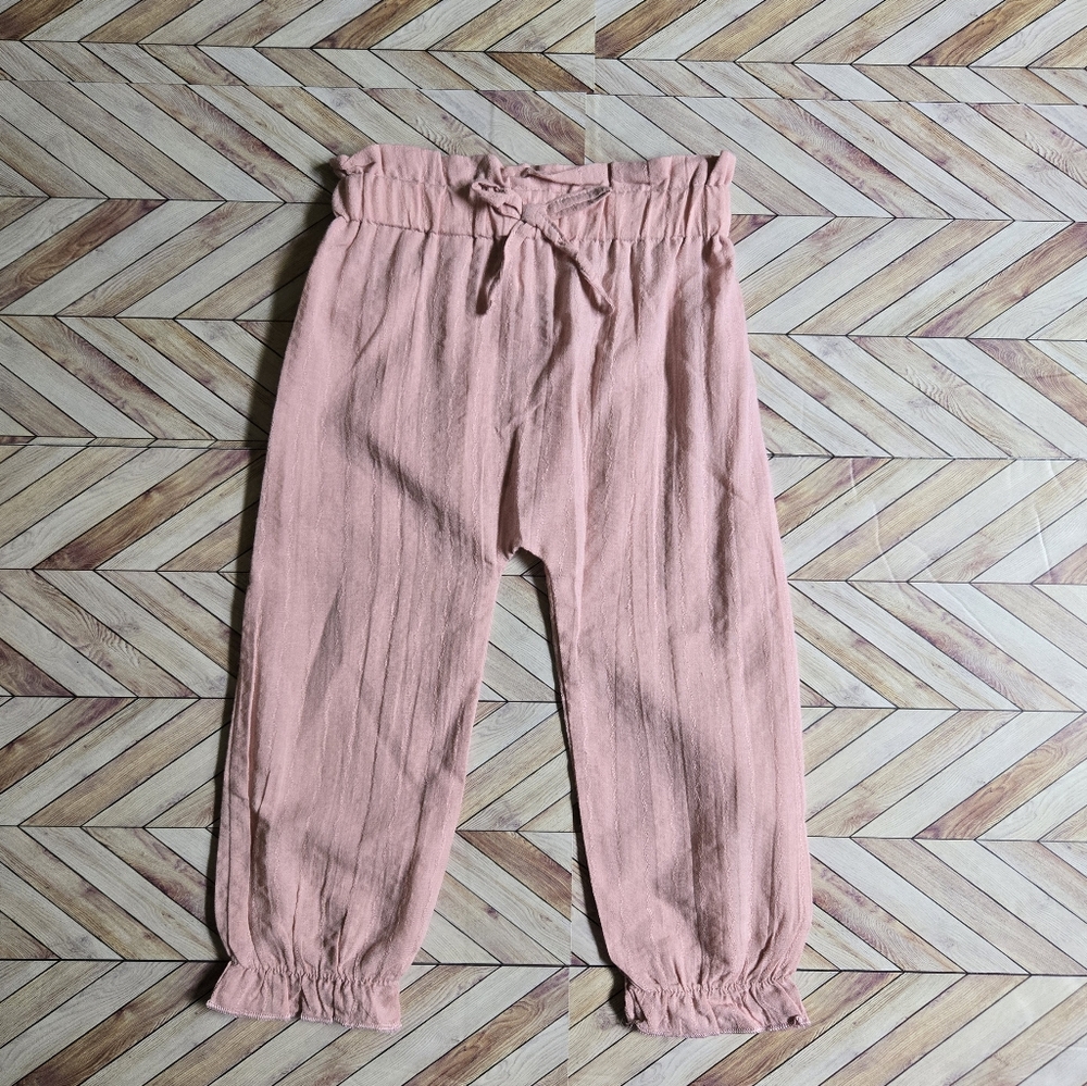 Baby Girl High Waist Pink Jogger Cotton Linen Pants Lightweight Bottoms 6-9M